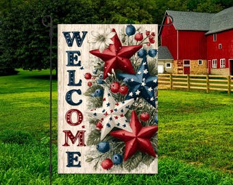 Americana Patriotic Welcome Garden Flag PNG, 4th of July Sublimation, Red White Blue Stars, Summer Yard Decor, Digital Download Png