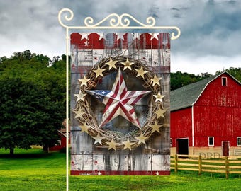 Rustic American Yard Flag Sublimation Design, Patriotic Star Wreath PNG, 4th of July Garden Flag Digital Download,  Farmhouse USA Printable