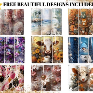May include: Nine different sublimation designs for tumblers. The designs include a woman with long hair, a beach scene, a forest scene with animals, a floral design, a cow with sunflowers, a snowman in a winter scene, a floral design with gold accents, a calf with fall leaves, and a floral design with gold accents.