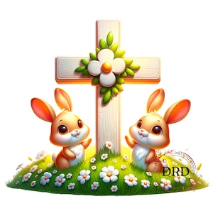 May include: Two brown bunnies with white tails stand on either side of a white wooden cross with a white flower and green leaves. The cross is surrounded by a green grassy area with white flowers.