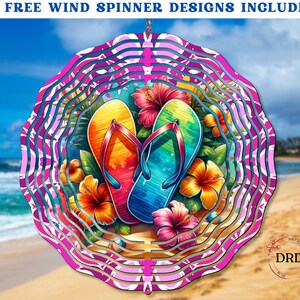 May include: A vibrant wind spinner featuring a beach scene with colorful flip-flops and hibiscus flowers. The design includes the text "~12 FREE WIND SPINNER DESIGNS INCLUDED~". The spinner has a layered, circular design with pink and white accents, perfect for outdoor decor.