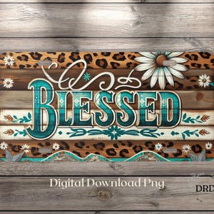 Gesegnetes Lizenzschild PNG, christliches Nummernschild, türkisfarbener Leopard & Daisy Western, rustikales Boho-Auto-Tag, digitaler Download zur Sublimation