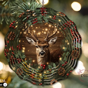 May include: A round Christmas ornament featuring a deer inside a wreath. The deer has brown fur and antlers, set against a wooden background. The wreath is decorated with red berries, pine needles, and pine cones. The ornament has a layered design with a digital download icon.