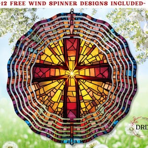 Christian Cross Wind Spinner Png, Stained Glass Easter Cross Wind Spinner Sublimation Design, Digital Download,  Easter Religious Decor Png