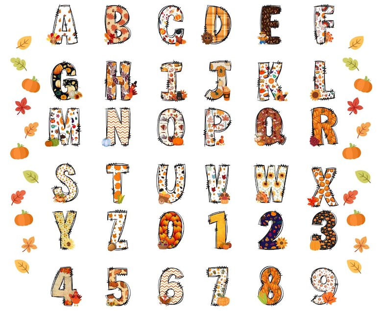 Thanksgiving Doodle Png Letters, Alphabet Png Bundle, Doodle Set With ...