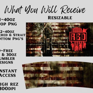 May include: A digital download of 9 free tumbler designs, 1 top PNG for a 40 oz tumbler, and 2 bottom PNGs for a 40 oz tumbler. The designs feature an American flag with a soldier in the background and the text "Remember Everyone Deployed Red".