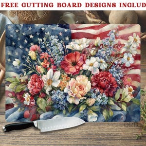 Floral Cutting Board Sublimation Design, Patriotic Cutting Board Design, American Flag Glass Cutting Board Png, Digital Download