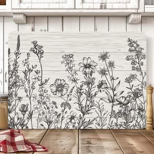 Rustic Floral Line Art PNG for Cutting Boards – Wildflower Kitchen Decor, Farmhouse Vintage Flower Sketch Sublimation Design, Floral Svg