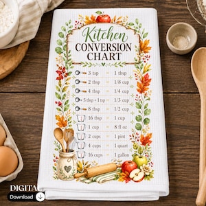 Tabella di conversione per la cucina autunnale, strofinaccio da cucina PNG, strofinaccio da cucina con misurazione per la cottura, design per sublimazione, stile rustico (download digitale)