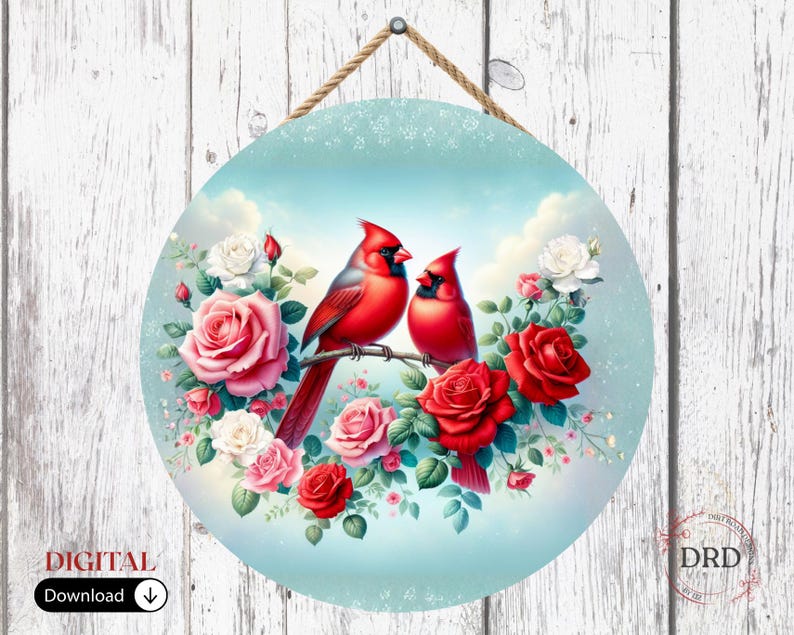 Cardinal Door Hanger PNG & SVG, 12in Red Cardinals With Roses Round ...