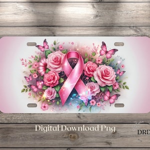Placa de concientización sobre el cáncer de mama, diseño de sublimación de lazo rosa, descarga digital de etiqueta floral de mariposa, diseños de sublimación de etiquetas para autos