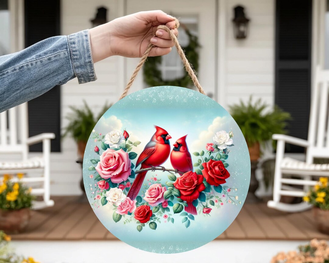 Cardinal Door Hanger PNG & SVG, 12in Red Cardinals With Roses Round ...