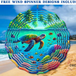 May include: A colorful metal wind spinner with a design of a sea turtle swimming in a coral reef. The spinner has a circular shape with multiple layers of metal that create a swirling effect when it spins in the wind.