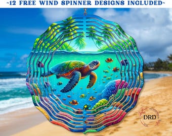 Girandola a vento con tartaruga marina, design per sublimazione, girandola a vento estiva in formato PNG, girandola a vento colorata da scaricare digitalmente, modello di girandola a vento da spiaggia