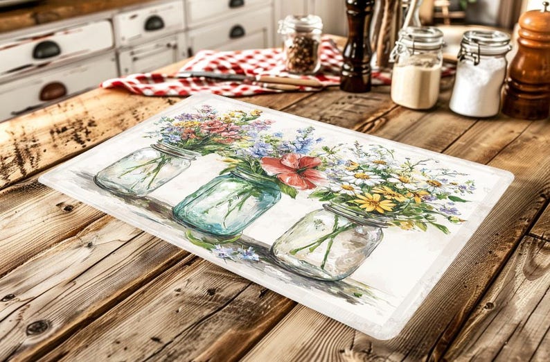 May include: Rectangular kitchen mat featuring a watercolor design of three mason jars filled with colorful wildflowers. The mat has a white border and is set on a rustic wooden table. The flowers include red, pink, blue, and yellow blooms.