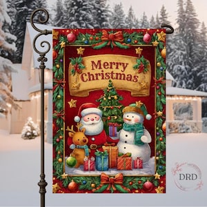 Santa and Snowman Christmas Garden Flag Sublimation Design, Christmas Garden Flag Template PNG, Merry Christmas Yard Flag Digital Download