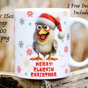 May include: White ceramic mug with a cartoon chicken wearing a Santa hat and snowflakes. The mug has the text "Merry Cluckin Christmas" printed on it.
