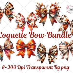 May include: A set of eight digital illustrations of fall-themed bows with various patterns and colors, including plaid, polka dots, leopard print, and floral designs. The bows are all 300 DPI and have transparent backgrounds.