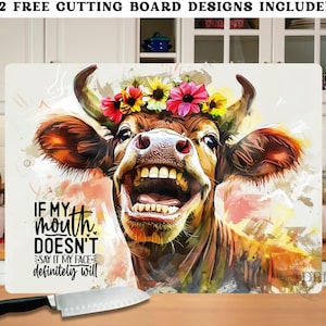 Tagliere con mucca divertente in formato PNG, design a sublimazione, tagliere in vetro sarcastico divertente, download digitale del tagliere, citazione di mucca divertente in formato PNG