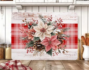 Christmas Poinsettia Holiday Cutting Board, Rustic Red Plaid Floral Design, Holiday Farmhouse Kitchen Decor, Sublimation Digital Download