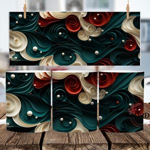 May include: White ceramic mug with a colorful abstract design featuring swirling patterns in shades of teal, red, and white. The design resembles paper cutouts.
