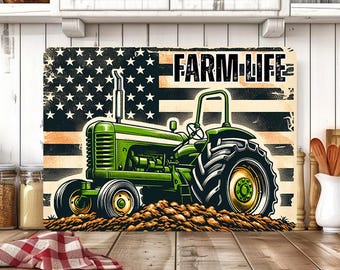 May include: A green tractor illustration with the text "FARM LIFE" against a backdrop of the American flag. The tractor is depicted on a pile of dirt, with a vintage aesthetic.