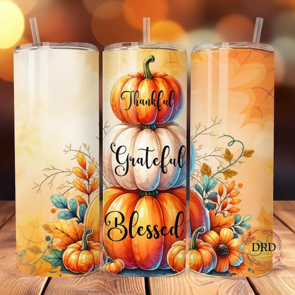 Thankful Grateful Blessed Tumbler Wrap 20oz Skinny Sublimation Design, Fall Thanksgiving Tumbler Png, Pumpkin Tumbler Wrap, Give Thanks Png