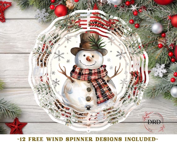 Winter Snowman Wind Spinner PNG, Snowman with Plaid Scarf and Pinecones Sublimation Design, Rustic Christmas Spinner Digital Download