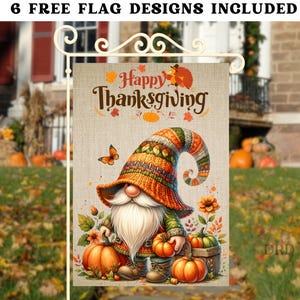 Happy Thanksgiving Gnome Garden Flag PNG, Fall Pumpkin and Gnome Sublimation Design, Autumn Porch Décor, Rustic Farmhouse Yard Flag