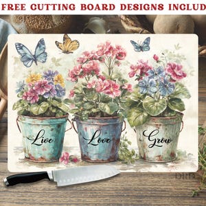 Floral Cutting Board Sublimation Design, Live, Love, Grow Rustic Chopping Board Png, Cutting Board Design, Glass Cutting Board Digital Png
