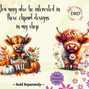May include: Two digital clipart images of Highland cows. The first image features a brown Highland cow with a sign that says "Happy Fall Y'all" surrounded by fall leaves, pumpkins, and gourds. The second image features a red and white Highland cow with white daisies around it.
