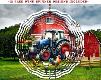 May include: A red barn with a blue tractor in front of it. The tractor is pulling a wagon full of pumpkins. There are chickens and a rooster in the foreground. The image is a design for a wind spinner.