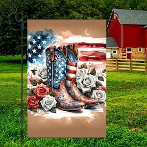 May include: A garden flag featuring a watercolor design of cowboy boots, roses, and an American flag. The boots are decorated with stars and floral patterns. Red and white roses surround the boots, with a brown background.