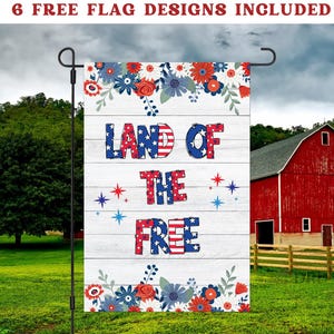 Bandiera da giardino Land of The Free, design a sublimazione, bandiera da giardino con motivi floreali patriottici, bandiera da veranda USA, download digitale in formato PNG