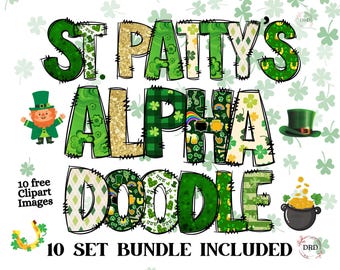 St. Patrick's Doodle Letters And Numbers, Alphabet Png Bundle, Complete Doodle Set With Free St Patrick's Day Clipart, Digital Download Png