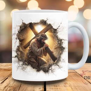 Jesus Carrying Cross 3D Wall Break Mug Wrap Png, Christian Easter Sublimation Design, Religious Coffee Cup Template, Digital Download File