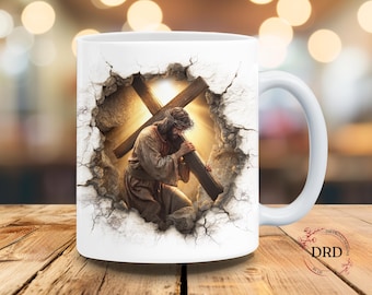 Jesus Carrying Cross 3D Wall Break Mug Wrap Png, Christian Easter Sublimation Design, Religious Coffee Cup Template, Digital Download File