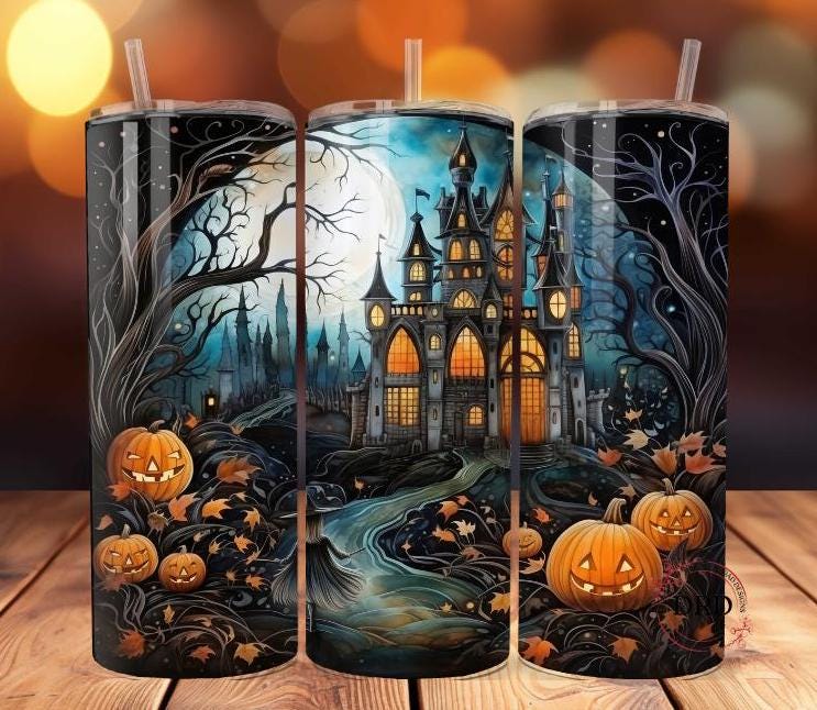 Spooky Halloween Castle 20oz Skinny Sublimation Tumbler Wrap Digital Download Png, Halloween Scene, Png Halloween Design, Pumpkin Tumbler