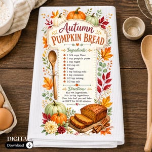 Autumn Pumpkin Bread Kitchen Towel PNG, Fall Recipe Dish Towel Sublimation Design, Pumpkin Baking Farmhouse Decor (Digital Download)