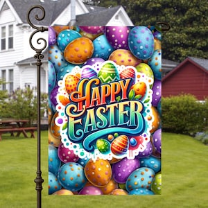 May include: A garden flag with a colourful Easter theme, displaying decorated eggs in blue, orange, purple, and green. The flag features the words "Happy Easter" in a decorative font, set against a white border.