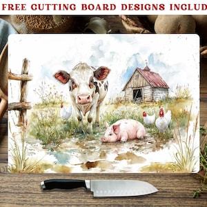 Kuh und Schwein Schneidebrett Sublimationsdesign, Bauernhof Schneidebrett Design, Glas Schneidebrett PNG, Küchen Schneidebrett Datei, Landleben