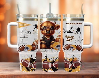 May include: Three white stainless steel tumblers with lids and straws. The tumblers feature different designs related to football. One tumbler has a cartoon highland cow wearing a football jersey and sunglasses. Another tumbler has a football field with the words "Football" and "Game Day". The third tumbler has a football player and the words "Touchdown!" and "Game Day".