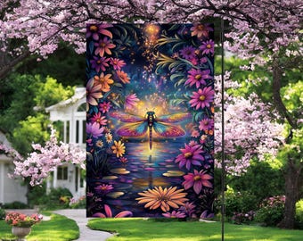 Dragonfly Garden Flag Sublimation Design, 12x18 Garden Flag Digital Download, Welcome Flag Png, Mystical Garden Flag, Garden Decor