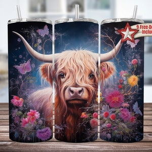 Highland Cow Floral 20oz Skinny Tumbler Sublimation Design, Tumbler Template, Instant Digital Download Png, Highland Cow Wrap, Cow Tumbler