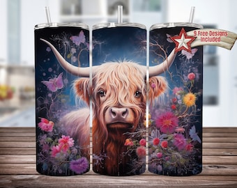 Highland Cow Floral 20oz Skinny Tumbler Sublimation Design, Tumbler Template, Instant Digital Download Png, Highland Cow Wrap, Cow Tumbler