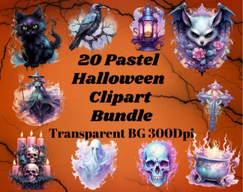 May include: A set of 20 pastel Halloween clipart images. The images include a black cat, a crow, a lantern, a bat, a witch, a cross, candles, a ghost, a skull, and a cauldron. The images are on a transparent background and are 300 DPI.