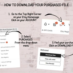 May include: A step-by-step guide on how to download purchased files from Etsy. The image shows a screenshot of the Etsy website with instructions on how to find the "Download Files" button.