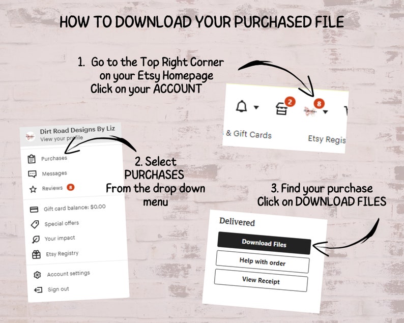 May include: A step-by-step guide on how to download purchased files from Etsy. The image shows a screenshot of the Etsy website with instructions on how to find the "Download Files" button.
