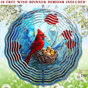 Red Cardinal and Babies Stained Glass Wind Spinner Png, Cardinal Wind Spinner Sublimation Design, Digital Download, Hanging Spinner Template