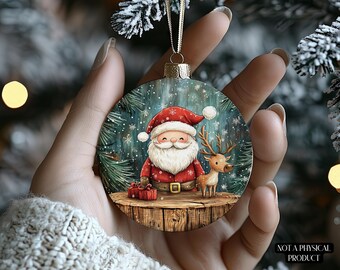 Ornamento natalizio di Babbo Natale e renne PNG, grazioso design di ornamento natalizio in sublimazione, download digitale di decorazioni per l'albero di Natale